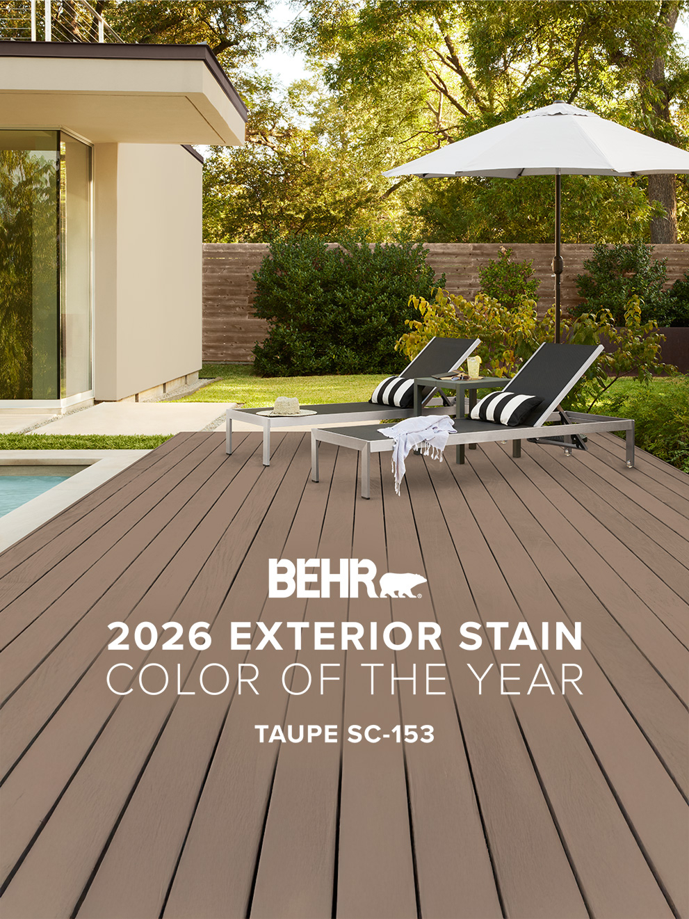 Mobile-sized image of a wooden deck stained in Taupe, featuring Behr 2026 Color of the Year, Taupe