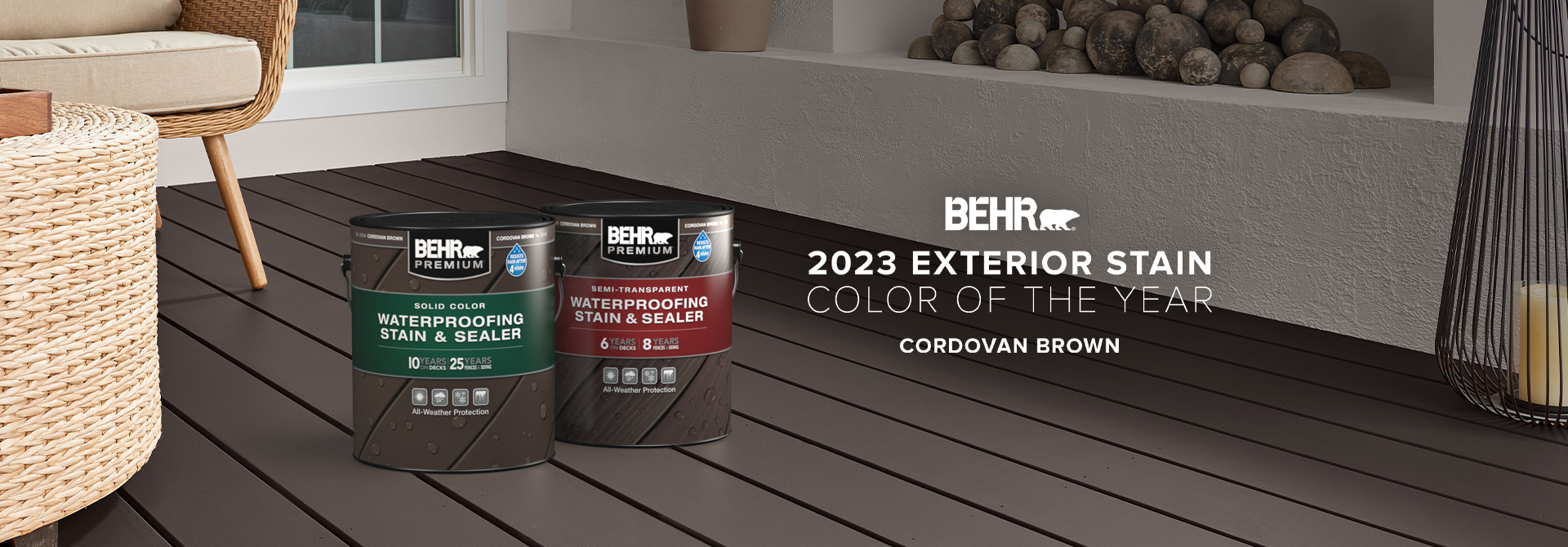 Wooden deck stained in Cordovan Brown, featuring Behr 2023 Color of the Year, Cordovan Brown