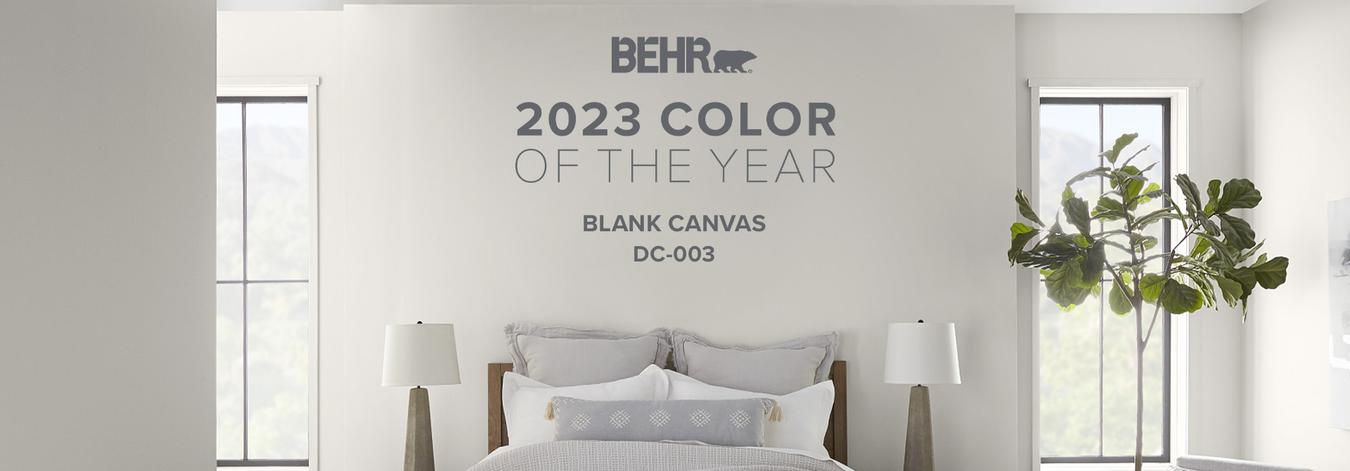 Bedroom painted in Blank Canvas, featuring Behr 2023 Color of the Year, Blank Canvas