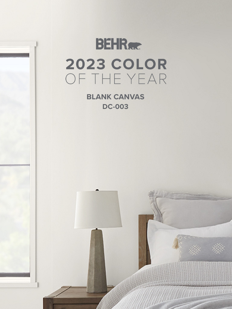 Mobile-sized image of a bedroom painted in Blank Canvas, featuring Behr 2023 Color of the Year, Blank Canvas