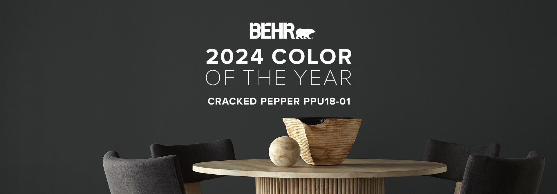 Dining room painted in Cracked Pepper, featuring Behr 2024 Color of the Year, Cracked Pepper