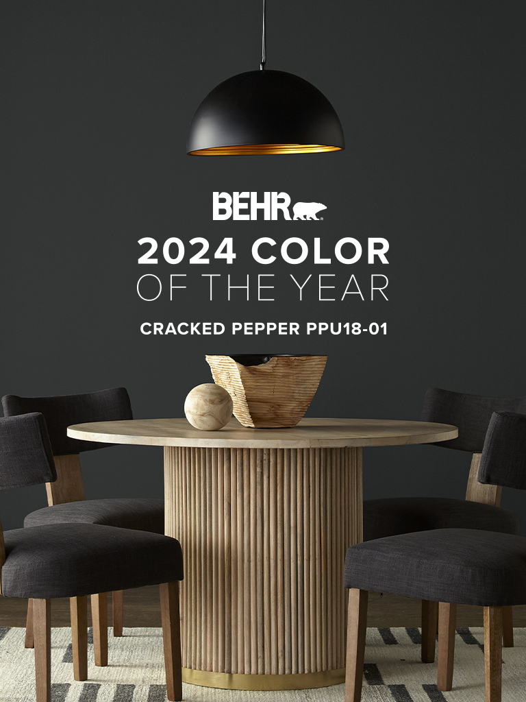 Mobile-sized image of a dining room painted in Cracked Pepper, featuring Behr 2024 Color of the Year, Cracked Pepper