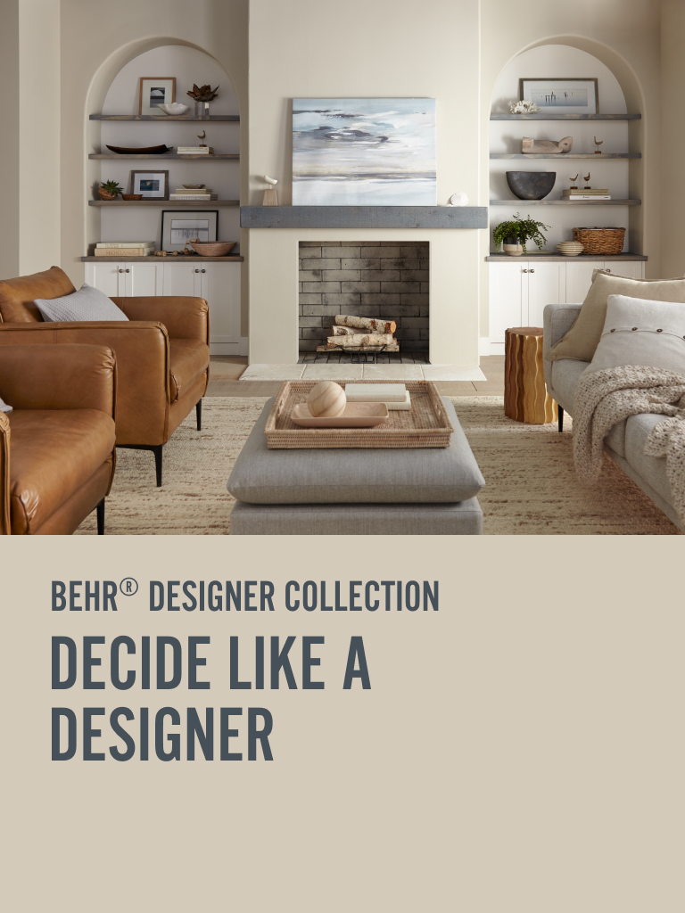 Mobile-sized image of a painted living room and the words BEHR® Designer Collection Decide Like a Designer in foreground.