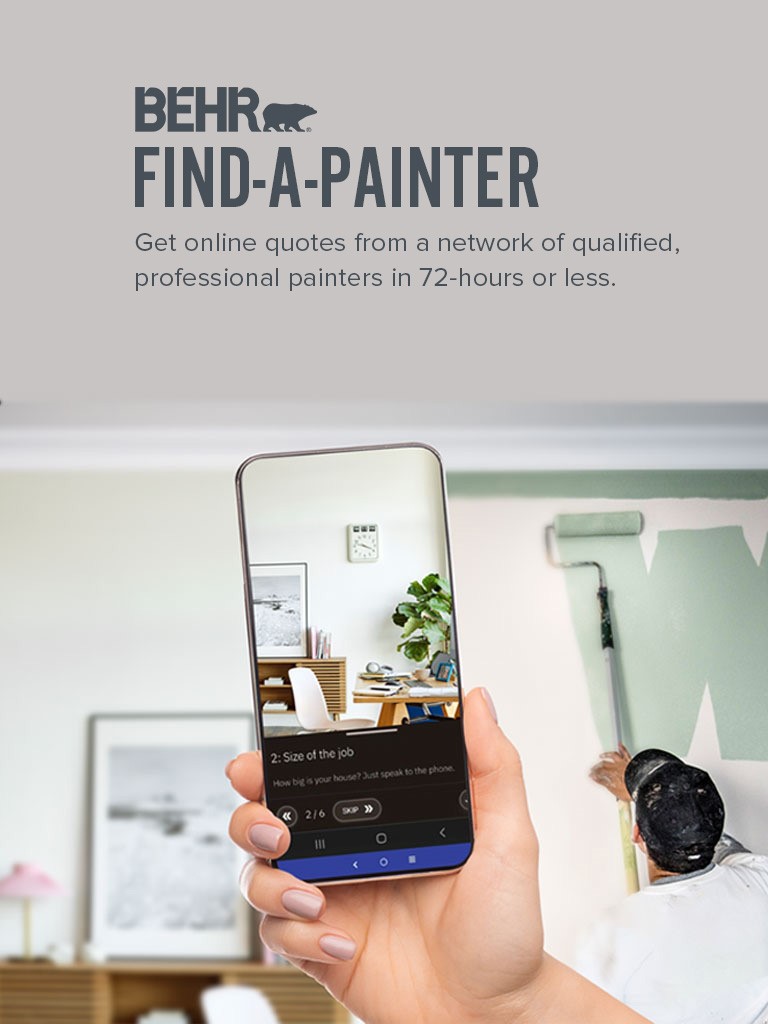 Mobile-sized image of a person getting an online quote for a paint project with a professional painter in the background.