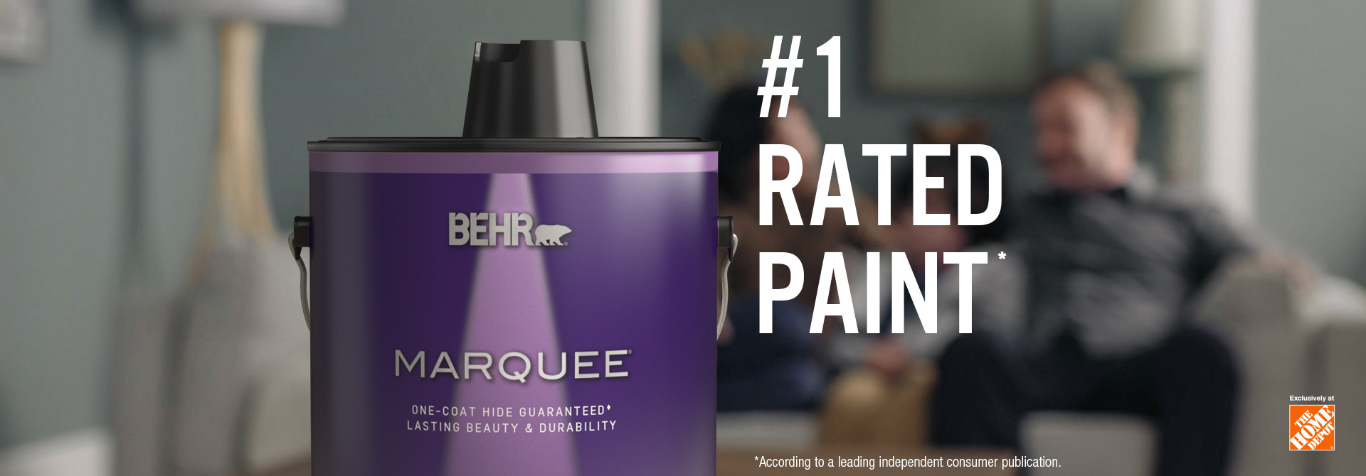 Can of BEHR PREMIUM PLUS Flat interior paint and the words Most Trusted Paint Brand* in foreground.