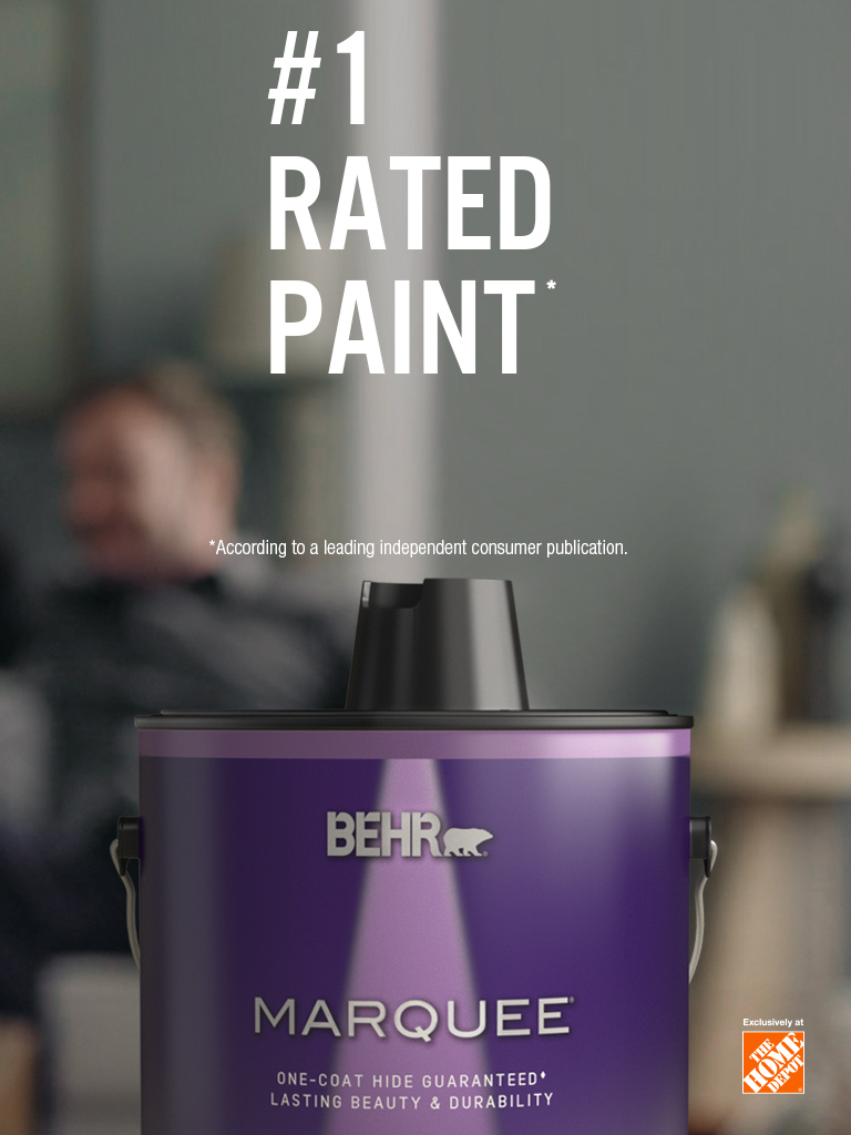 Mobile-sized image of a can of BEHR PREMIUM PLUS Flat interior paint and the words Most Trusted Paint Brand* in foreground.