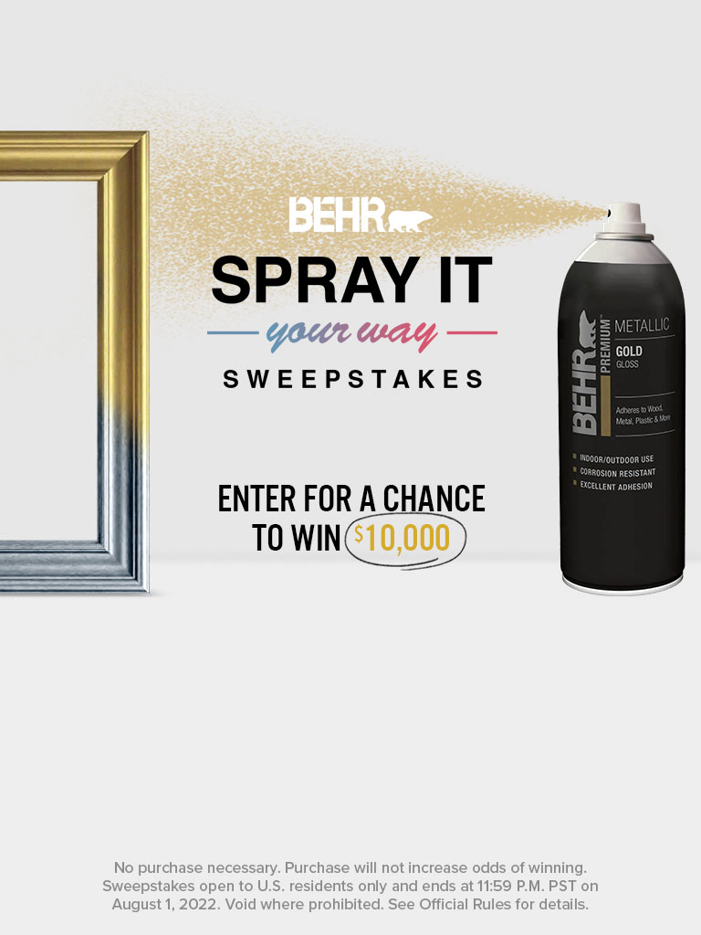 Mobile-sized image of a spray paint can spray painting a picture frame and the words Spray It Your Way Sweepstakes Enter For a Chance to Win $10,000 in foreground