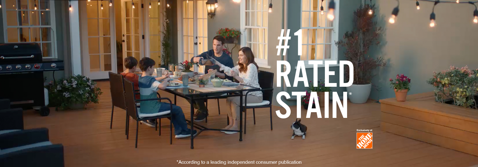 Family having a meal on their newly stain deck and the words #1 Rated Stain in foreground.