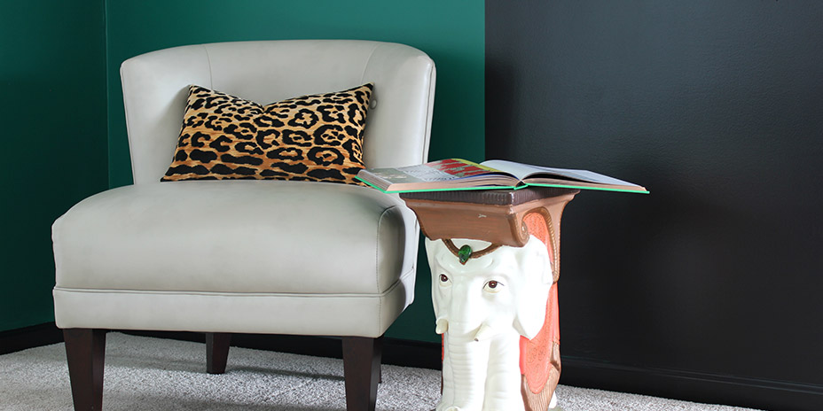 Color block room with elephant accent table and chair