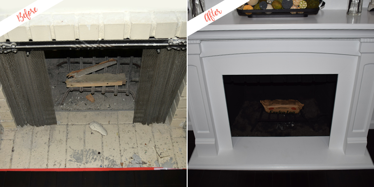 Fireplace mantle, before and after