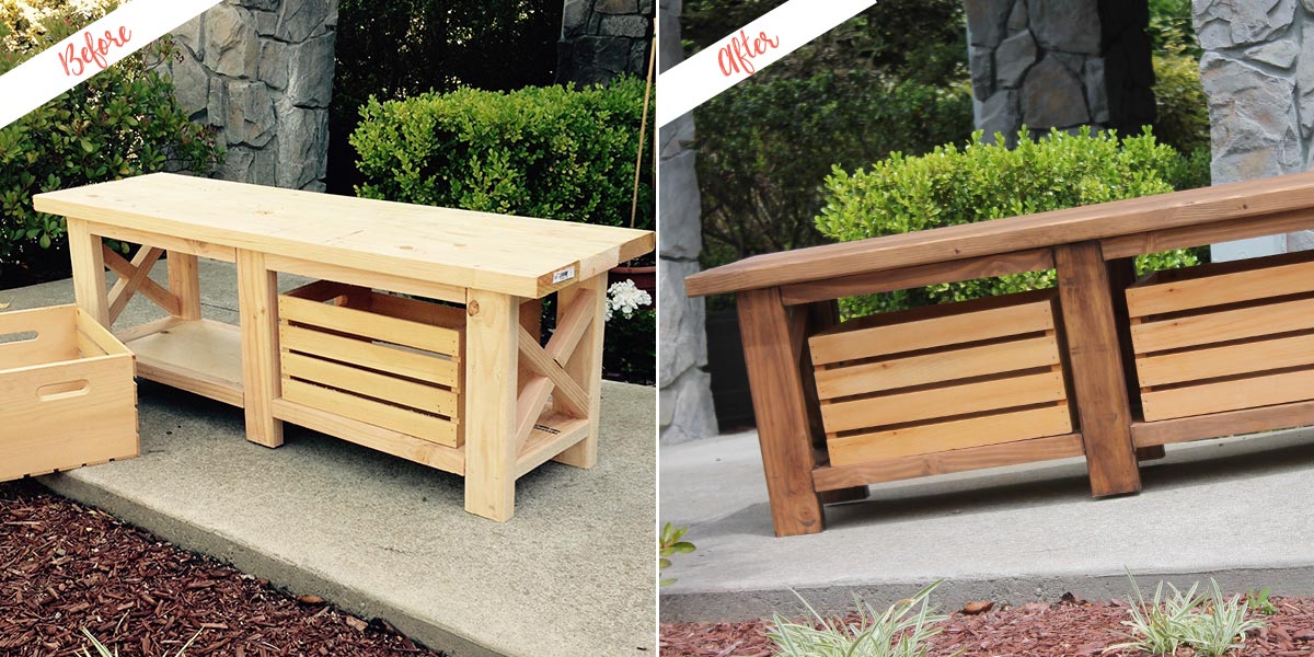 bench with pull out storage crate before and after wood finish applied