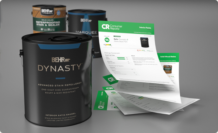 2026 Consumer Reports banner with a can of Behr Dynasty interior satin paint