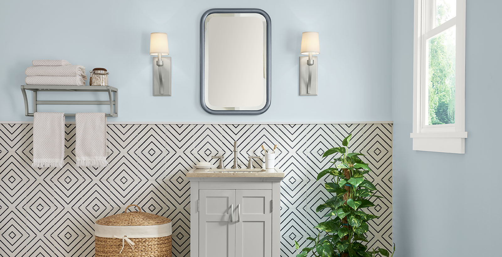 blue eclectic cheerful & friendly bathroom