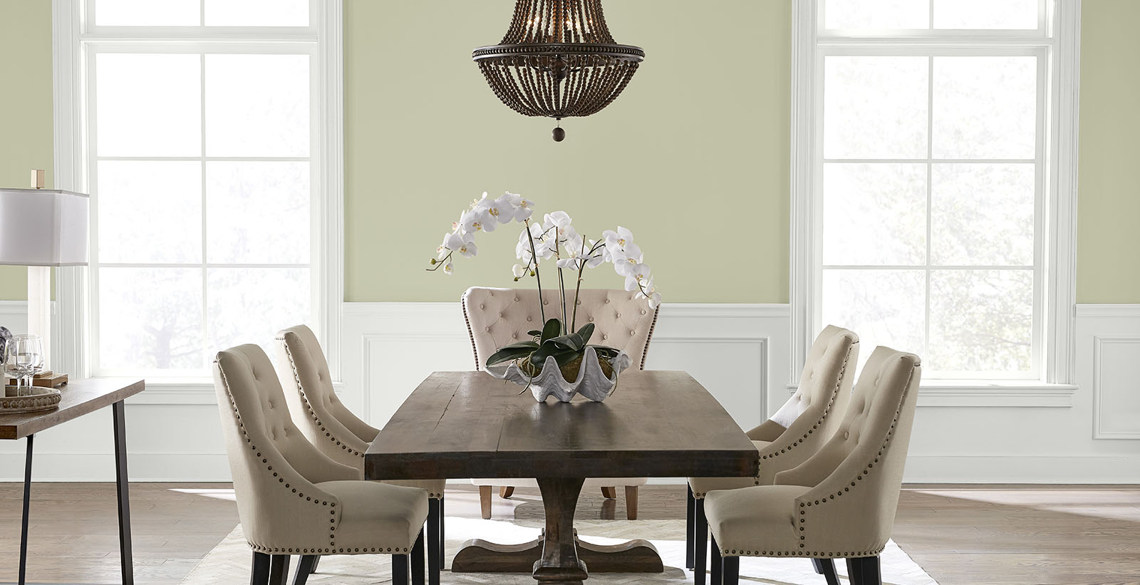green classic relaxed & serene dining room