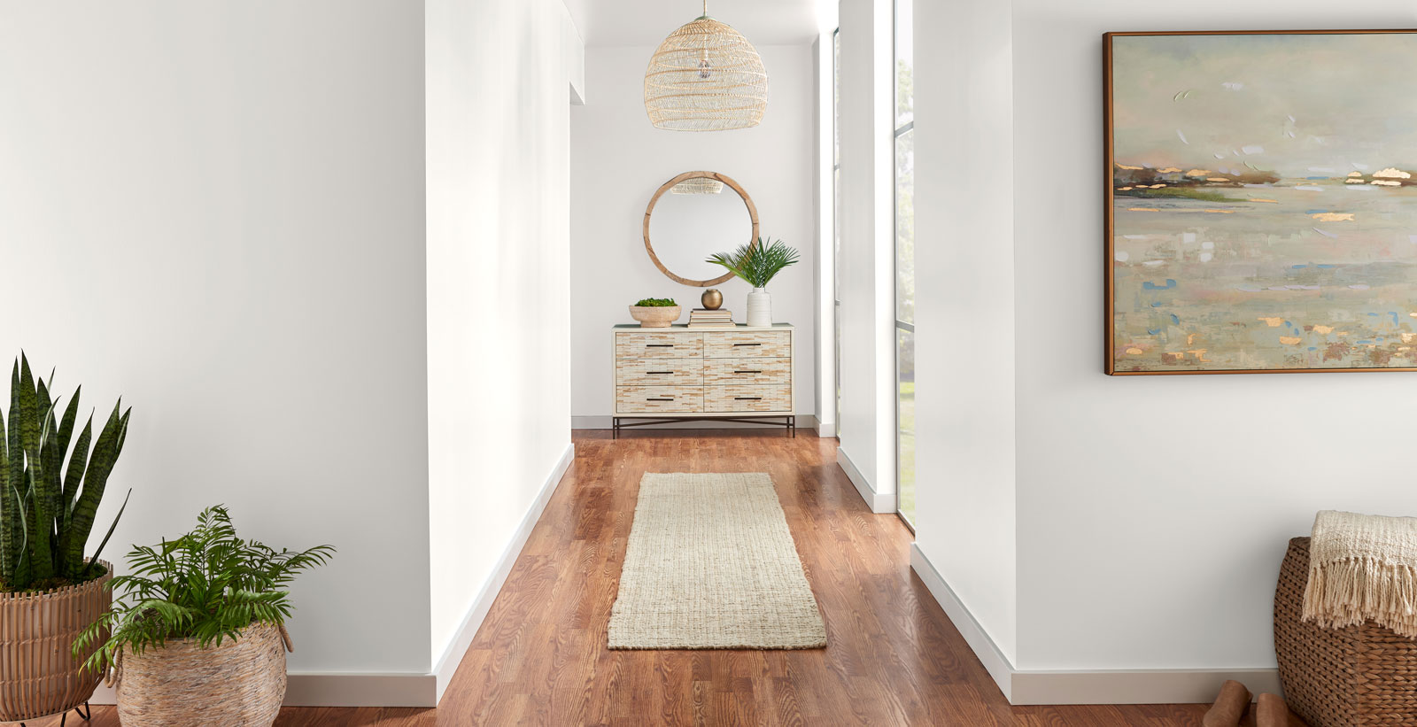 white eclectic relaxed & serene hallway