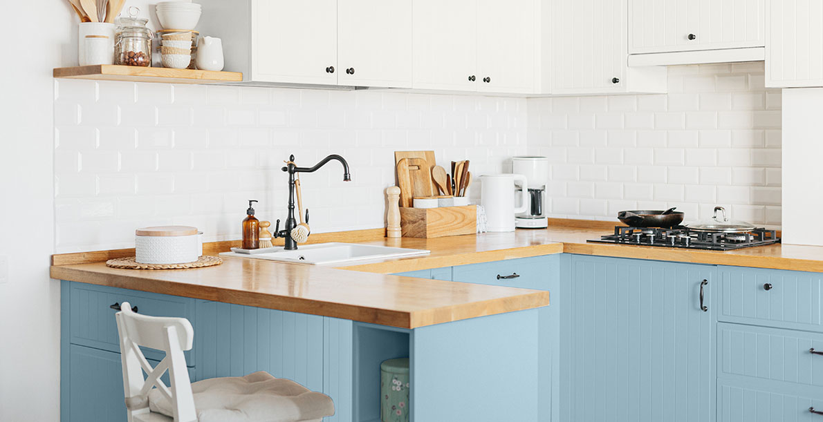 blue eclectic cozy & inviting kitchen