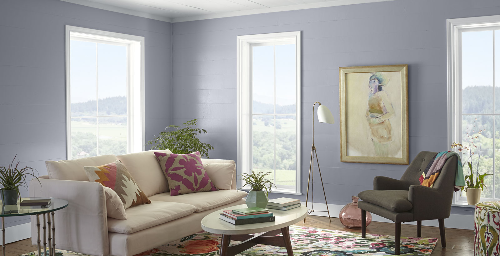 purple eclectic cheerful & friendly living room