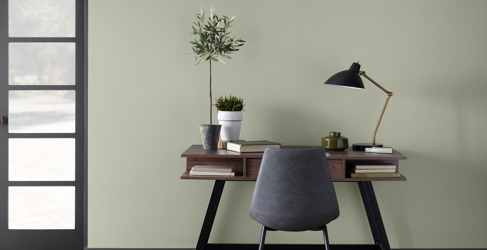 Relax modern green office with cracked pepper trim