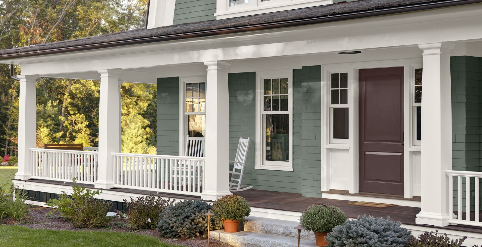 green reflective front porch outdoor space