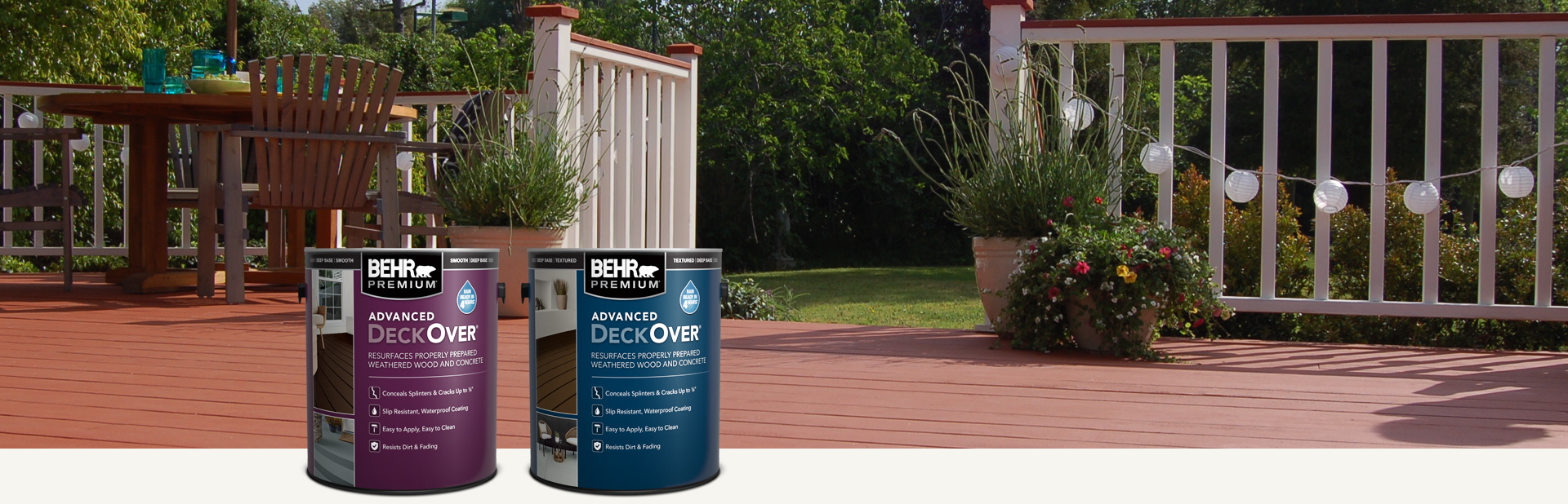 Two cans of Behr Premium Advanced DeckOver Coating with a wooden deck, product can, and brush in the background