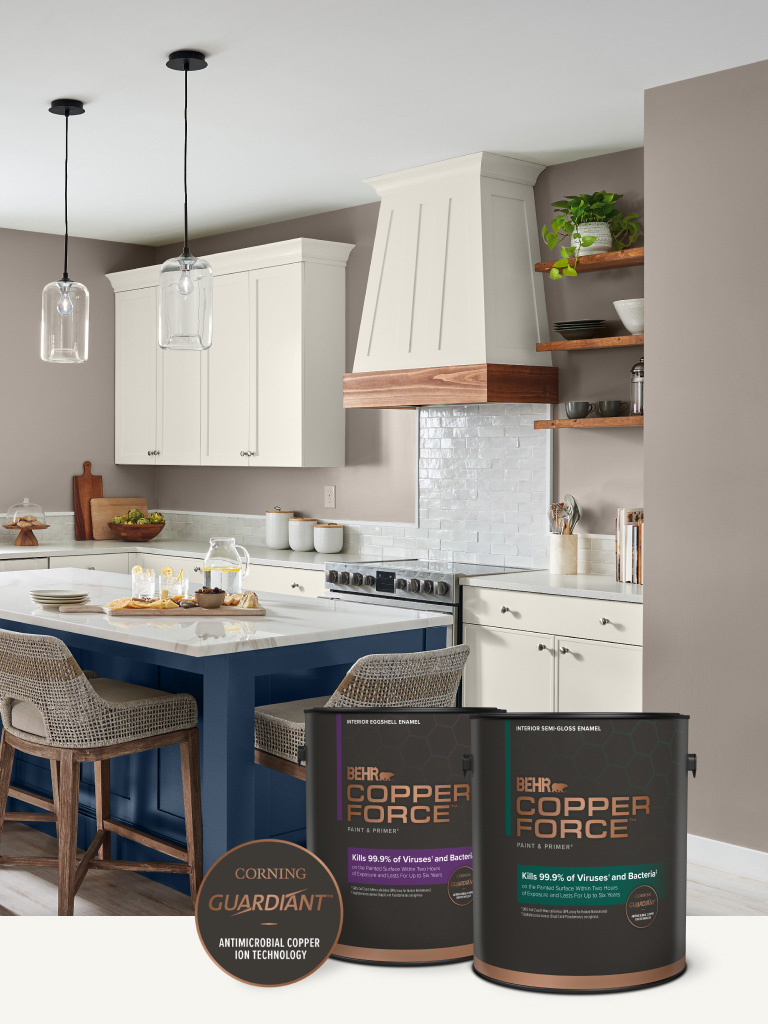 Neutral kitchen with a can of Behr Copper Force Interior Eggshell and Semi-Gloss in the foreground mobile image.