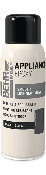 Aerosol can of Behr Premium Appliance Epoxy Spray Paint, Black Gloss