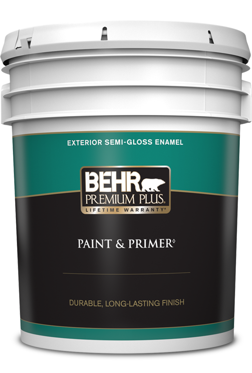 5 gal pail of Behr Premium Plus exterior paint, semi-gloss