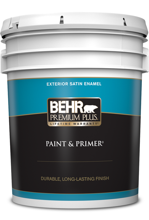 5 gal pail of Behr Premium Plus exterior paint, satin enamel