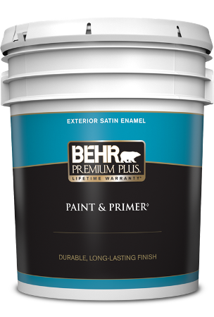 5 gal pail of Behr Premium Plus exterior paint, satin enamel