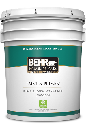 5 gal pail of Behr Premium Plus interior paint, semi-gloss