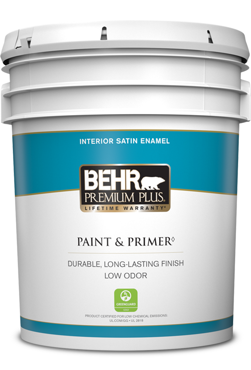 5 gal pail of Behr Premium Plus interior paint, satin enamel