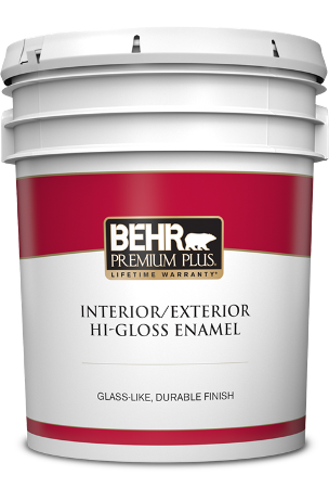 5 gal pail of Behr Premium Plus paint, hi-gloss enamel