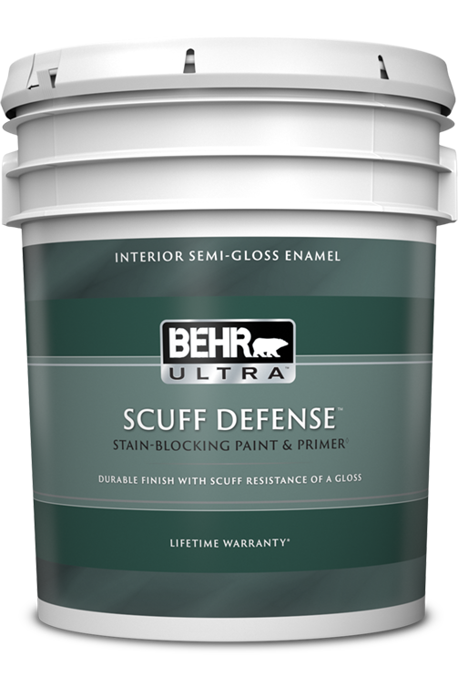 5 gal pail of Behr Ultra Scuff Defense interior paint, semi-gloss