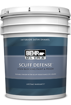 5 gal pail of Behr Ultra Scuff Defense interior paint, satin enamel