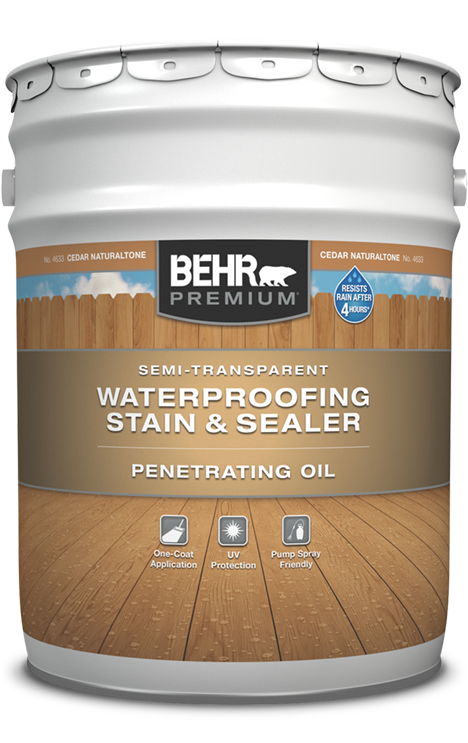 5 gal pail of Behr Premium Semi-Transparent Waterproofing Stain and Sealer Penetrating Oil