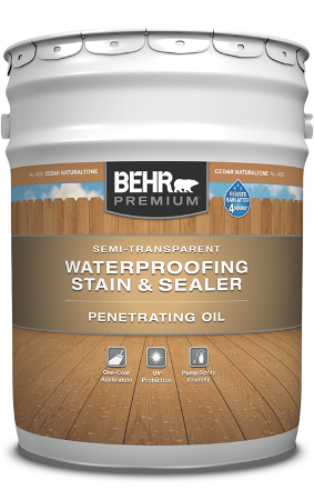 5 gal pail of Behr Premium Semi-Transparent Waterproofing Stain and Sealer Penetrating Oil
