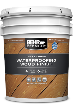 5 gal pail of Behr Premium Transparent Waterproofing Wood Finish