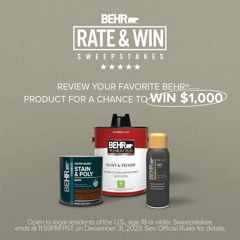 Rate & Win Sweepstakes 2022 with Behr products in the foreground and a yellow painted wall in the background.
