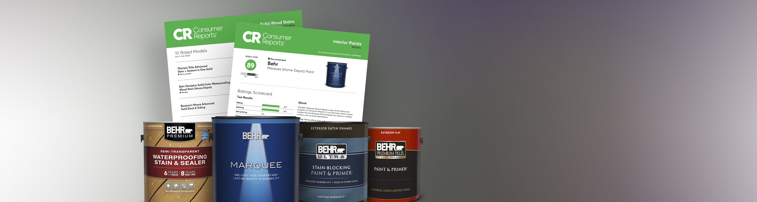 Image of 1 gal cans of Premium Plus Exterior Flat paint, Ultra Exterior Satin Enamel paint, Marquee Interior Satin Enamel,and Behr Premium Semi-Transparent Waterproofing Stain in the forefront. Two images of Consumer Reports findings are also showcased on image.