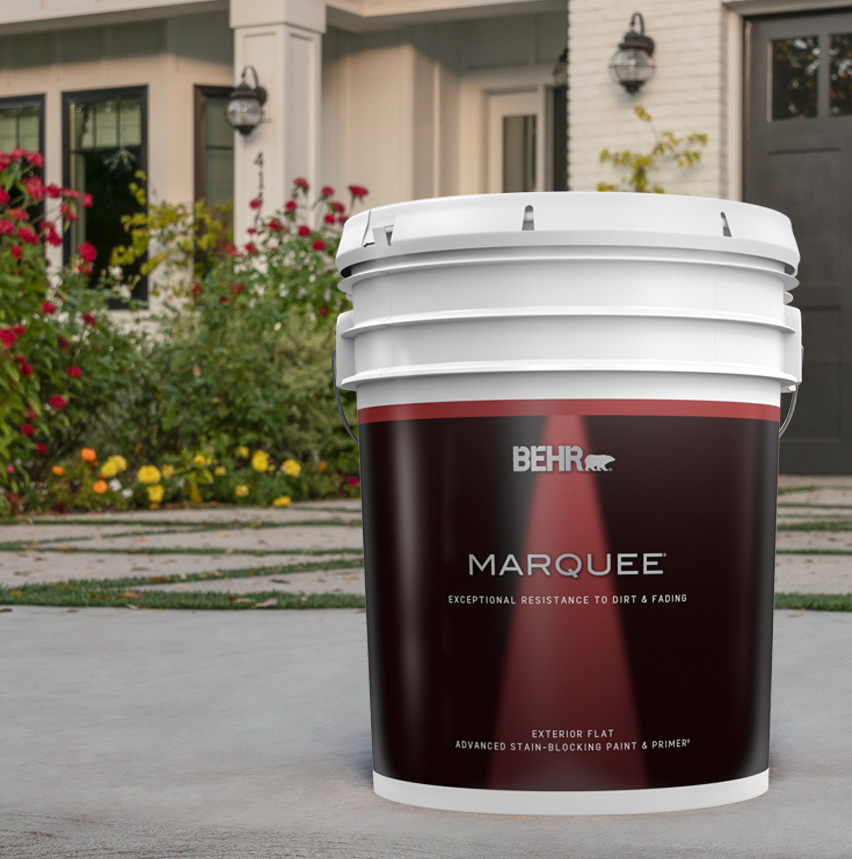 Pail of Marquee paint in front of porch.