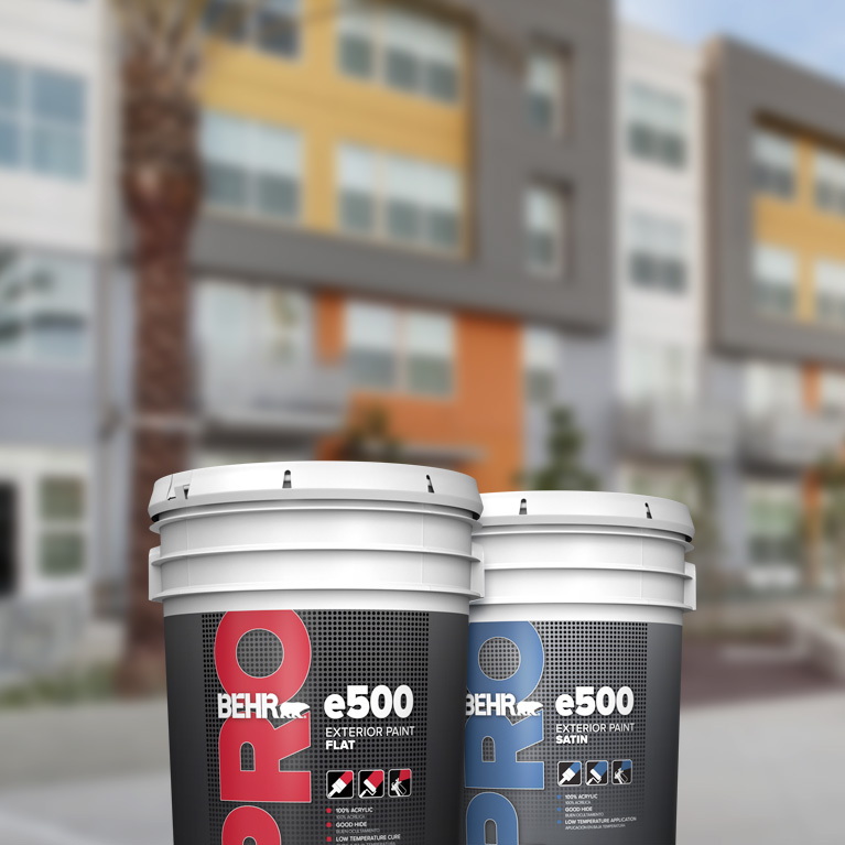 BEHR PRO exterior e500 products landing page mobile image featuring 5 gallon e500 can.