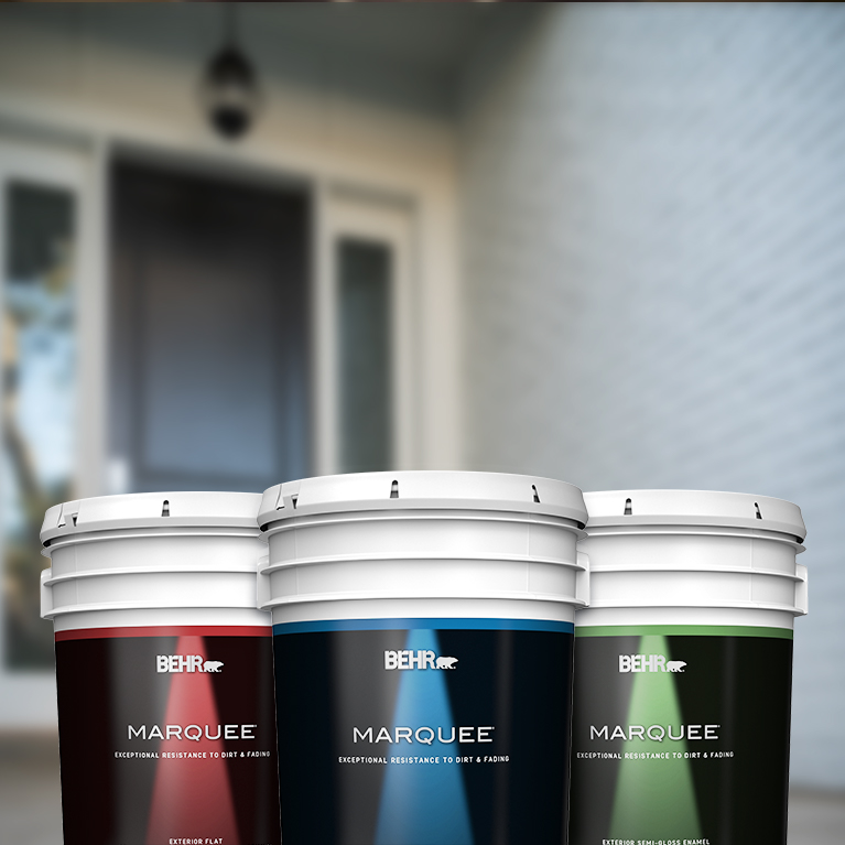 Behr Pro exterior Marquee products landing page mobile image featuring 5 gallon Marquee cans.