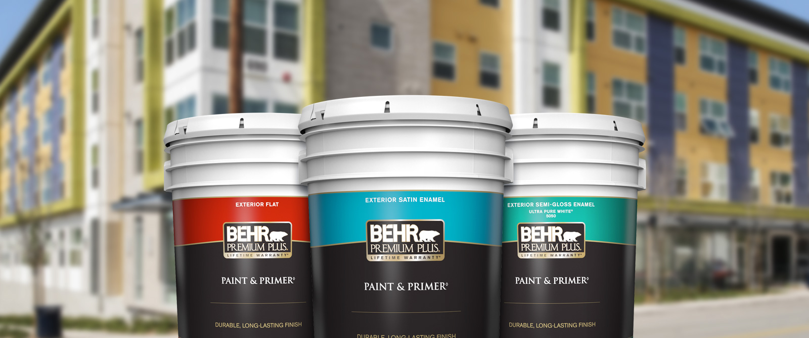 Behr Pro Exterior Premium Plus products landing page desktop image featuring 5 gallon Premium Plus cans.