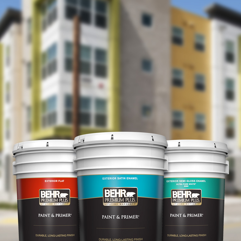 Behr Pro Exterior Premium Plus products landing page mobile image featuring 5 gallon Premium Plus cans.