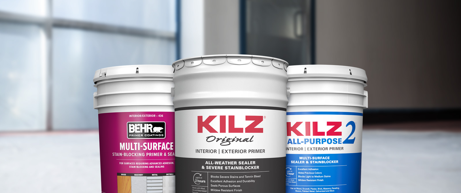 Behr Pro exterior primer products landing page desktop image featuring 5 gallon cans.