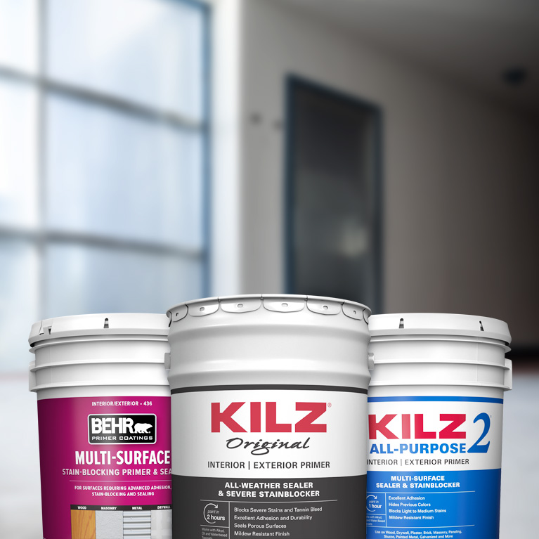 Behr Pro exterior primer products landing page mobile image featuring 5 gallon cans.