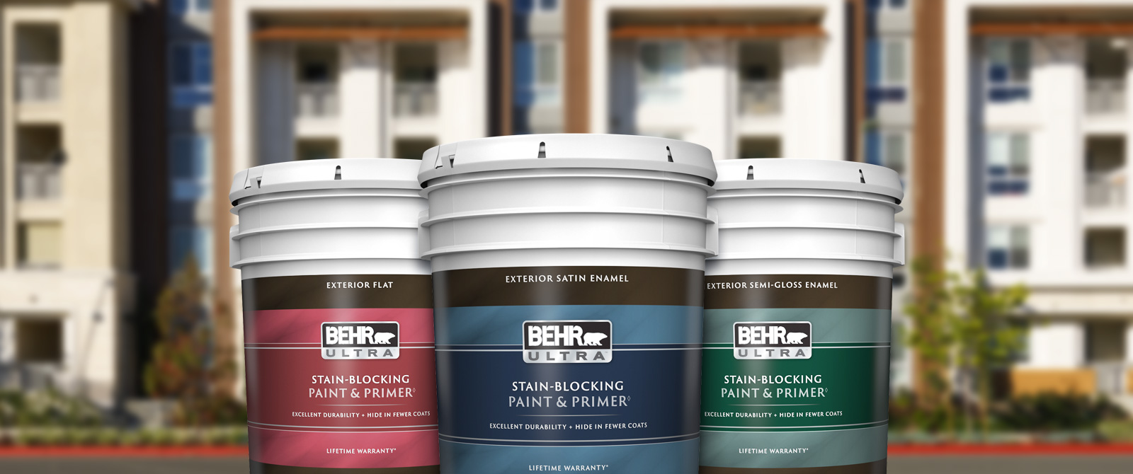 Behr Pro exterior Ultra products landing page desktop image featuring 5 gallon Ultra cans.