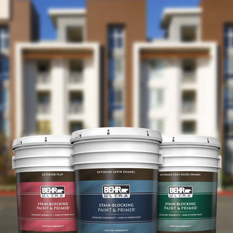 Behr Pro exterior Ultra products landing page mobile image featuring 5 gallon Ultra cans.