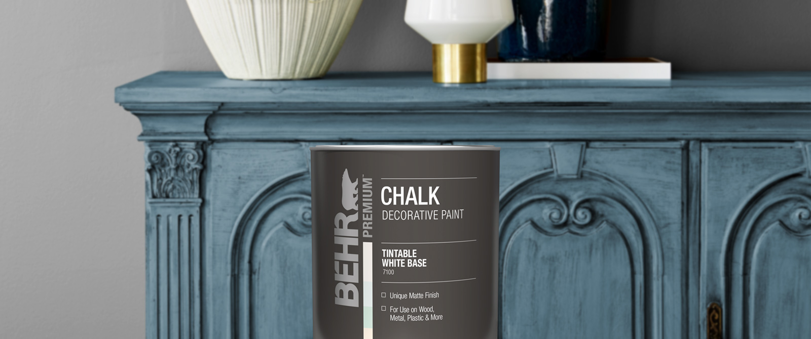 Behr Interior Decorative finishes products landing page desktop image.