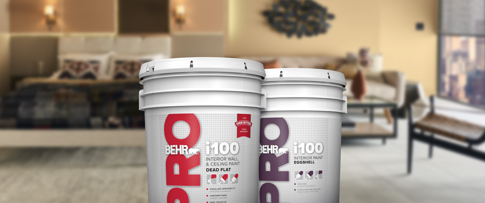 BEHR PRO interior i100 products landing page desktop image featuring 5 gallon i100 can.